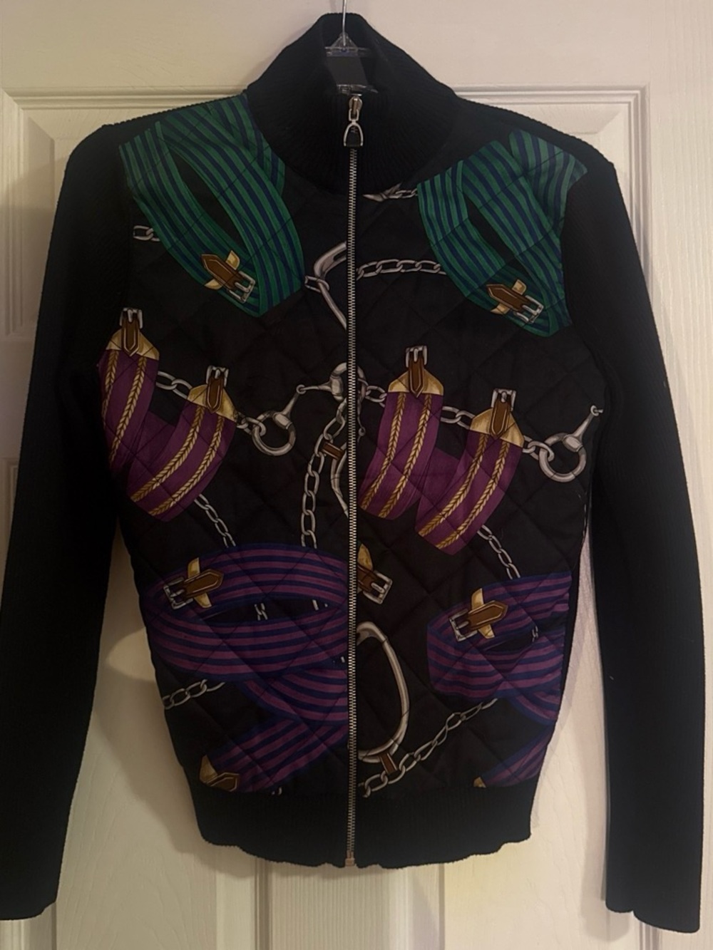 Ralph Lauren Black Quilted Bomber Jacket with Green and Purple Chain Print